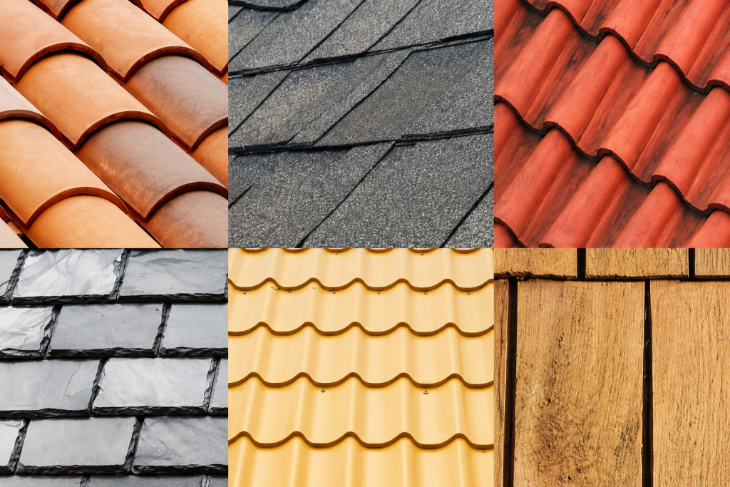 Different residential roofing material samples like metal, clay, and wood.