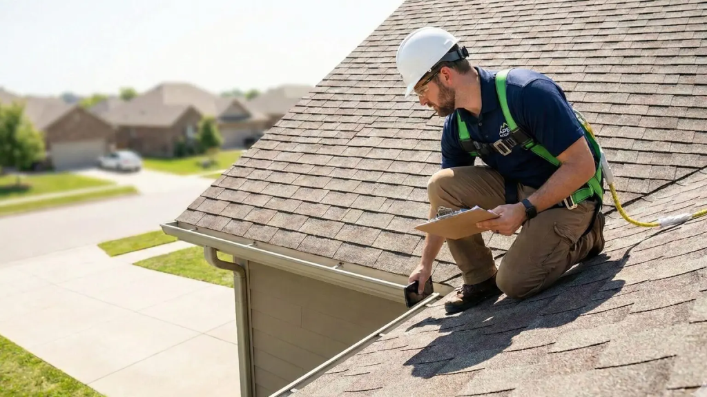 A roof inspector wearing a safety harness and hard hat examines a gutter.